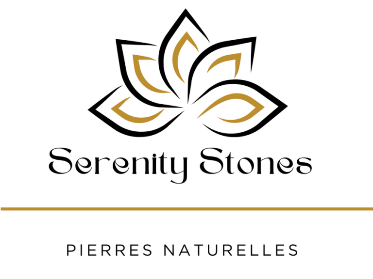Logo de Serenity Stones, avec un motif de fleur stylisée et le texte "Pierres Naturelles".